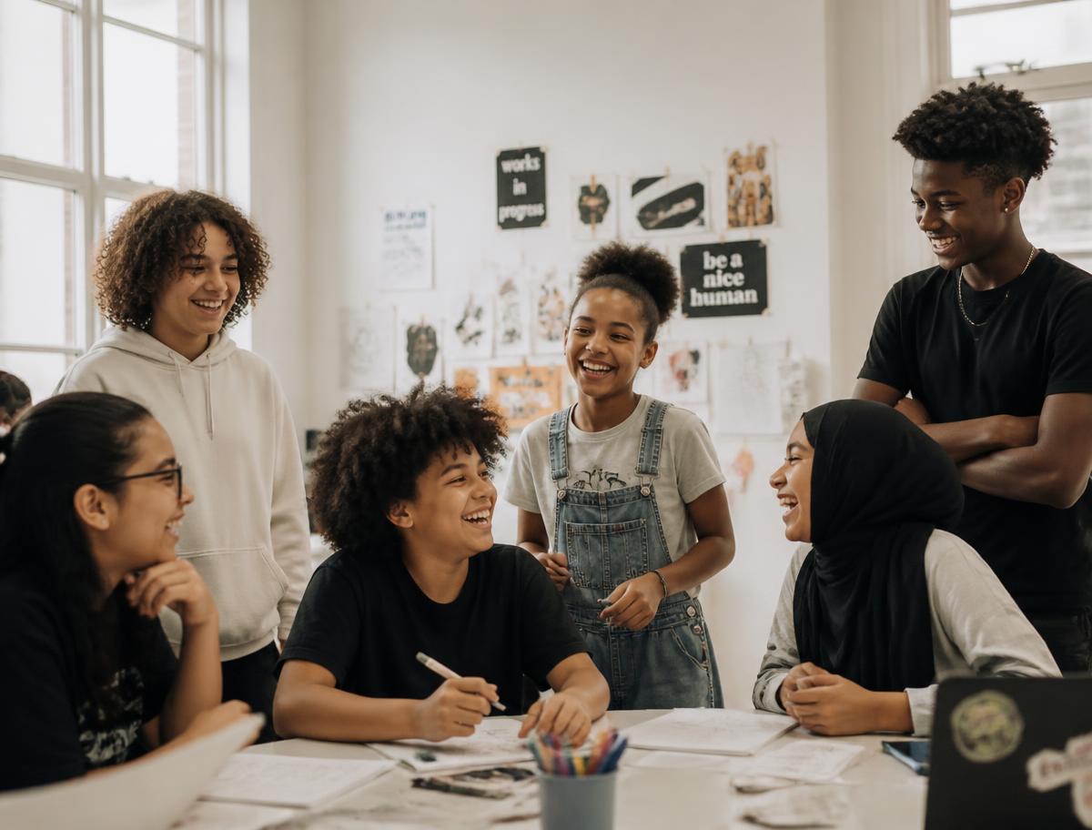 Group of young creatives laughing together during a workshop