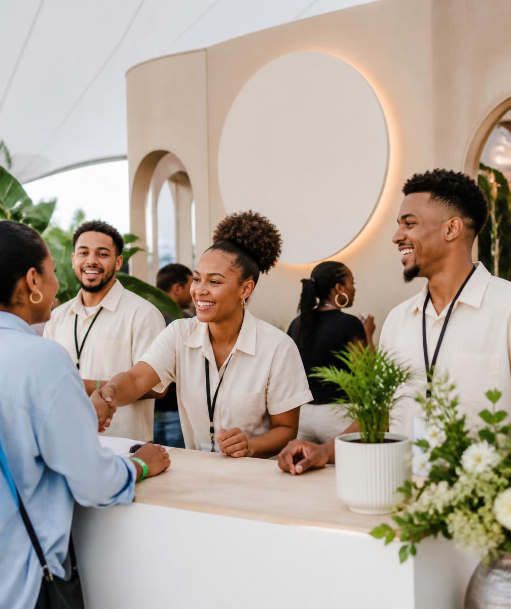 Brand activation event with staff greeting guests at a booth