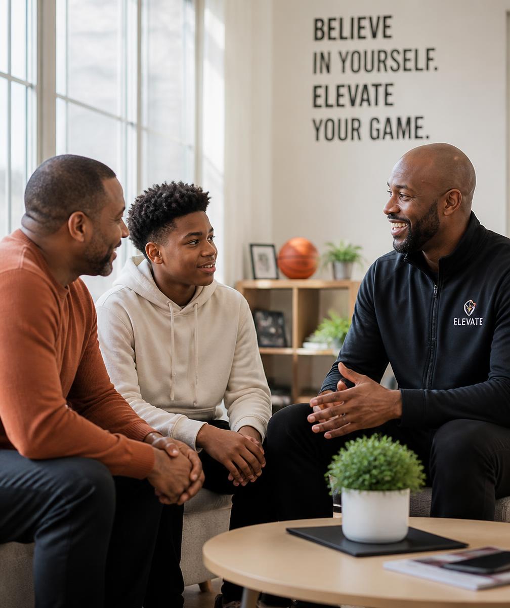 Parent and teen talking with a coach in a welcoming studio space