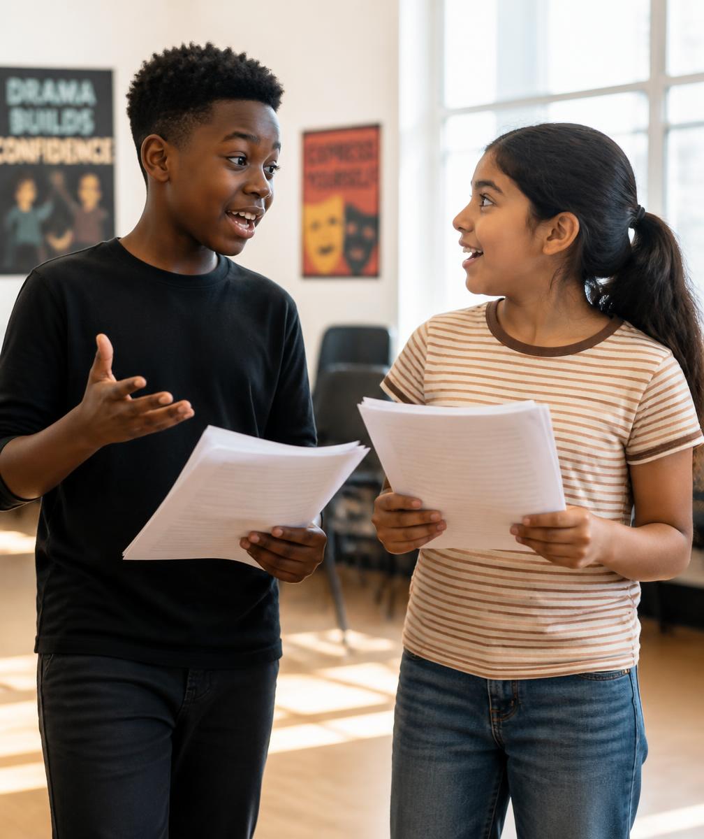 Two children rehearsing a scene with scripts in hand