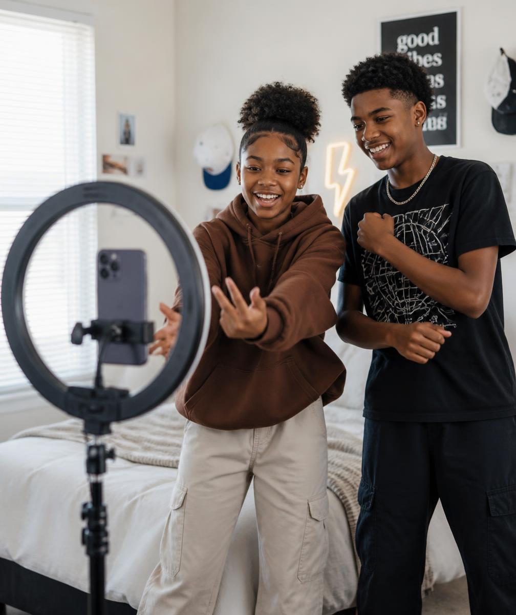 Teens filming a short video with a phone on a tripod and a ring light