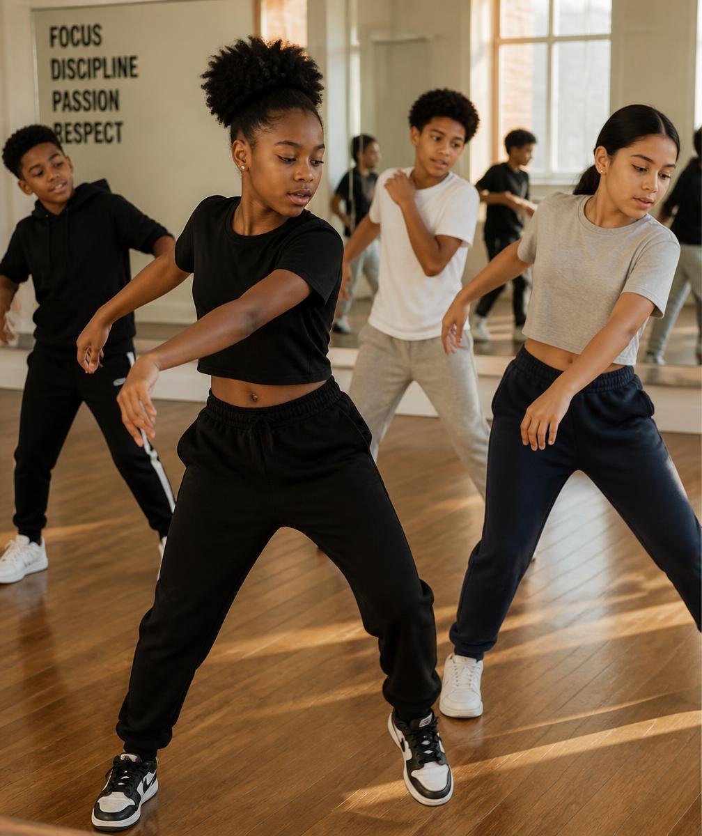 Young dancers rehearsing together in a bright studio