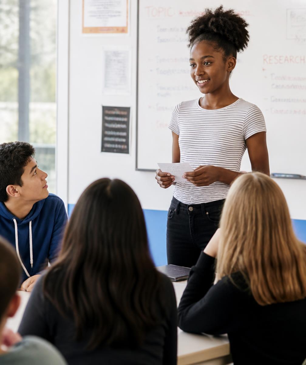 Young speaker presenting to a small attentive group of peers