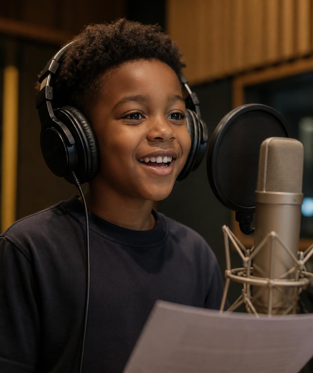 Child recording lines at a microphone while wearing headphones