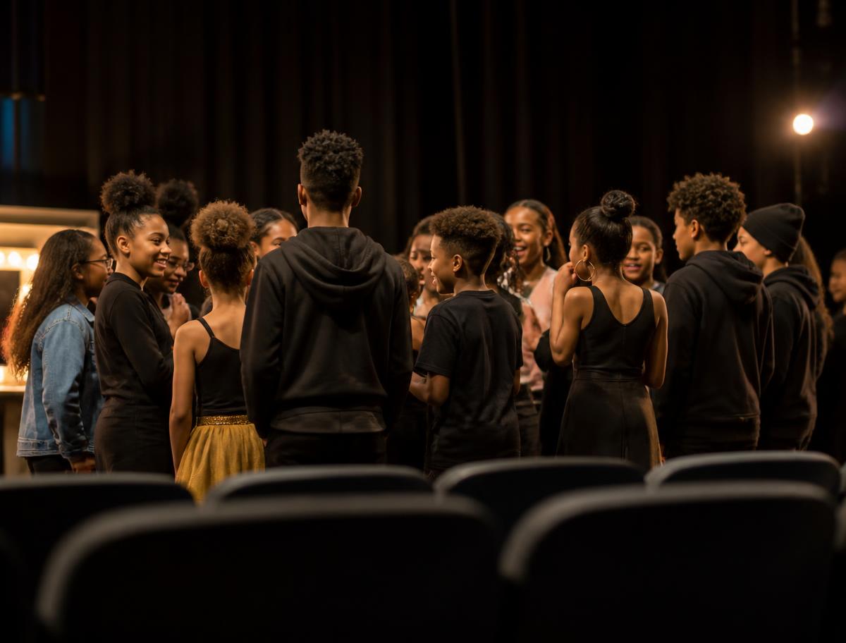 Young performers gathering on stage before a showcase